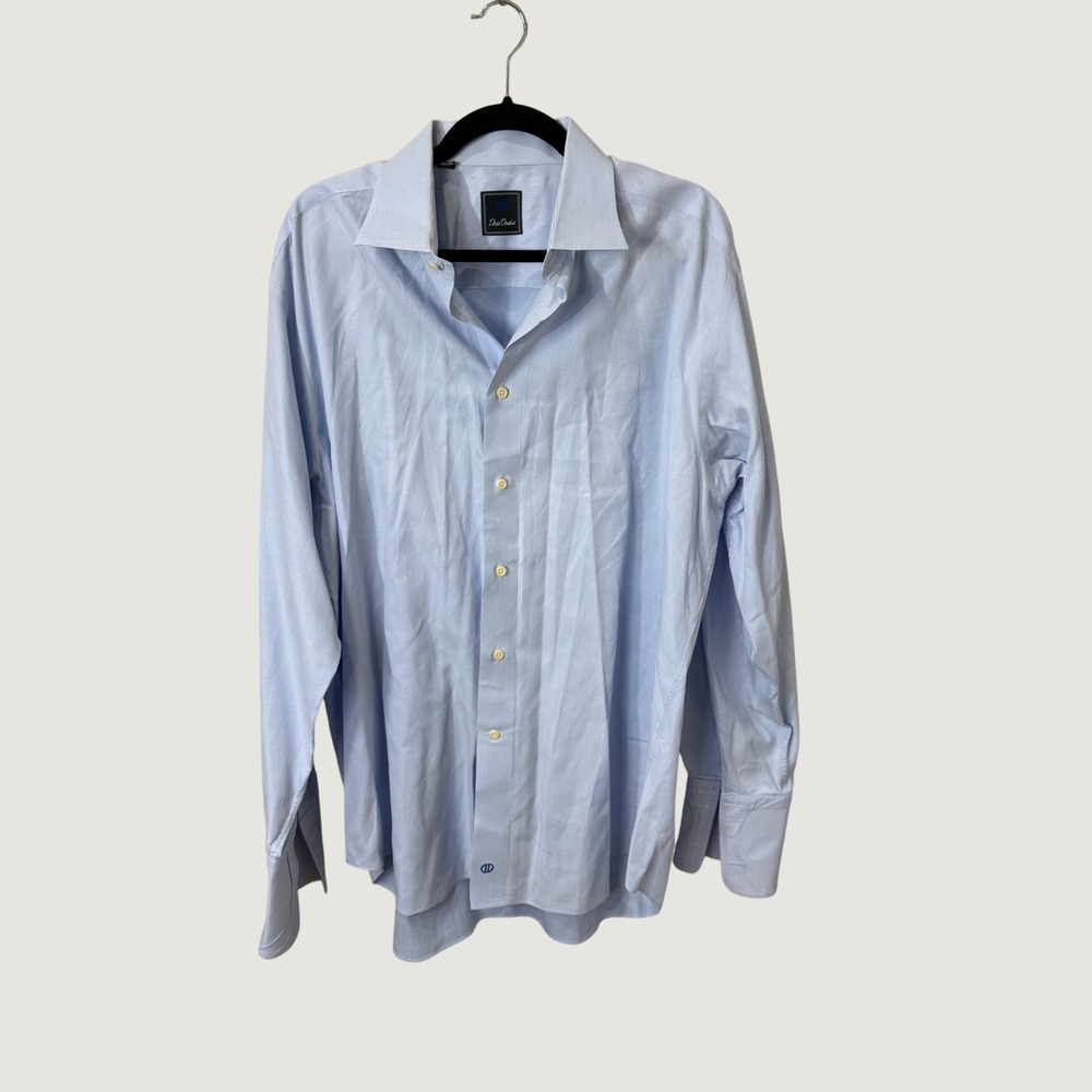 David Donahue Dress Shirt Light Blue Micro Check 17.5 34/35 Preppy Business
